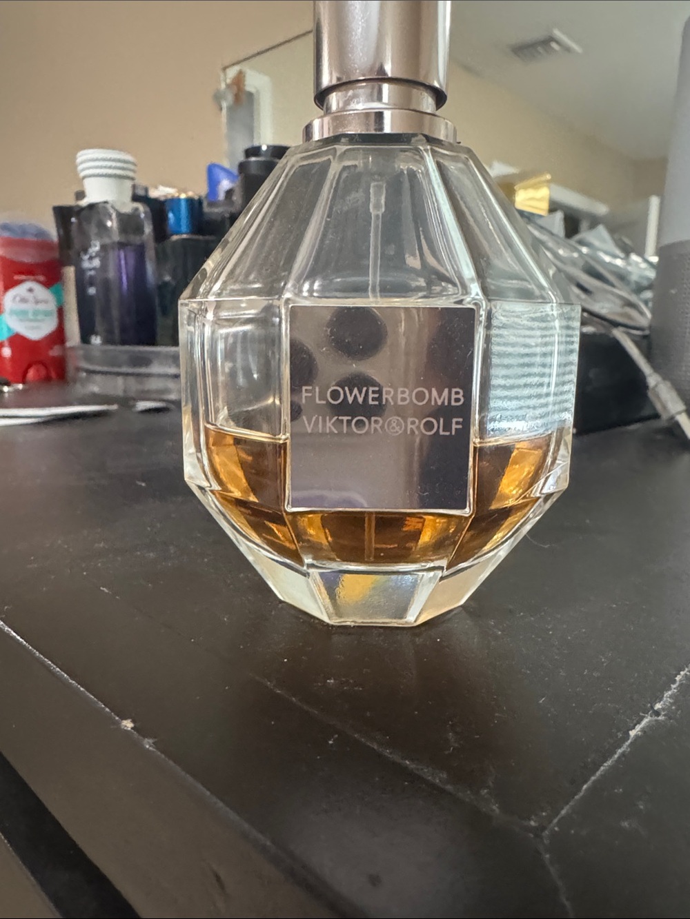 Viktor & Rolf FLOWERBOMB Perfume Bottle — Amber Liquid with Clear Faceted Glass